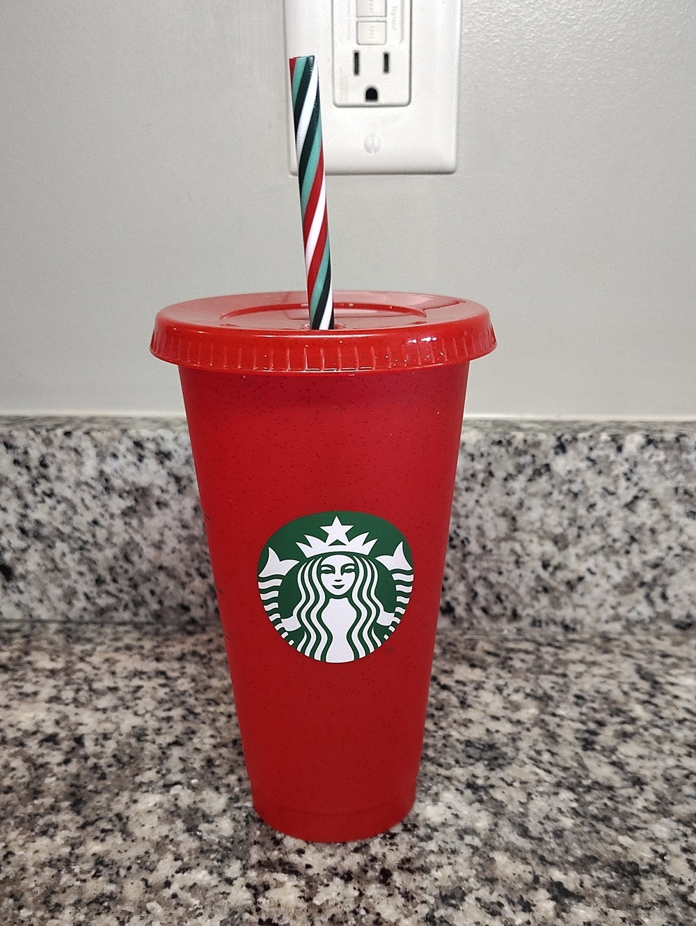 Starbucks Red Tumbler with Green Logo and Striped Straw